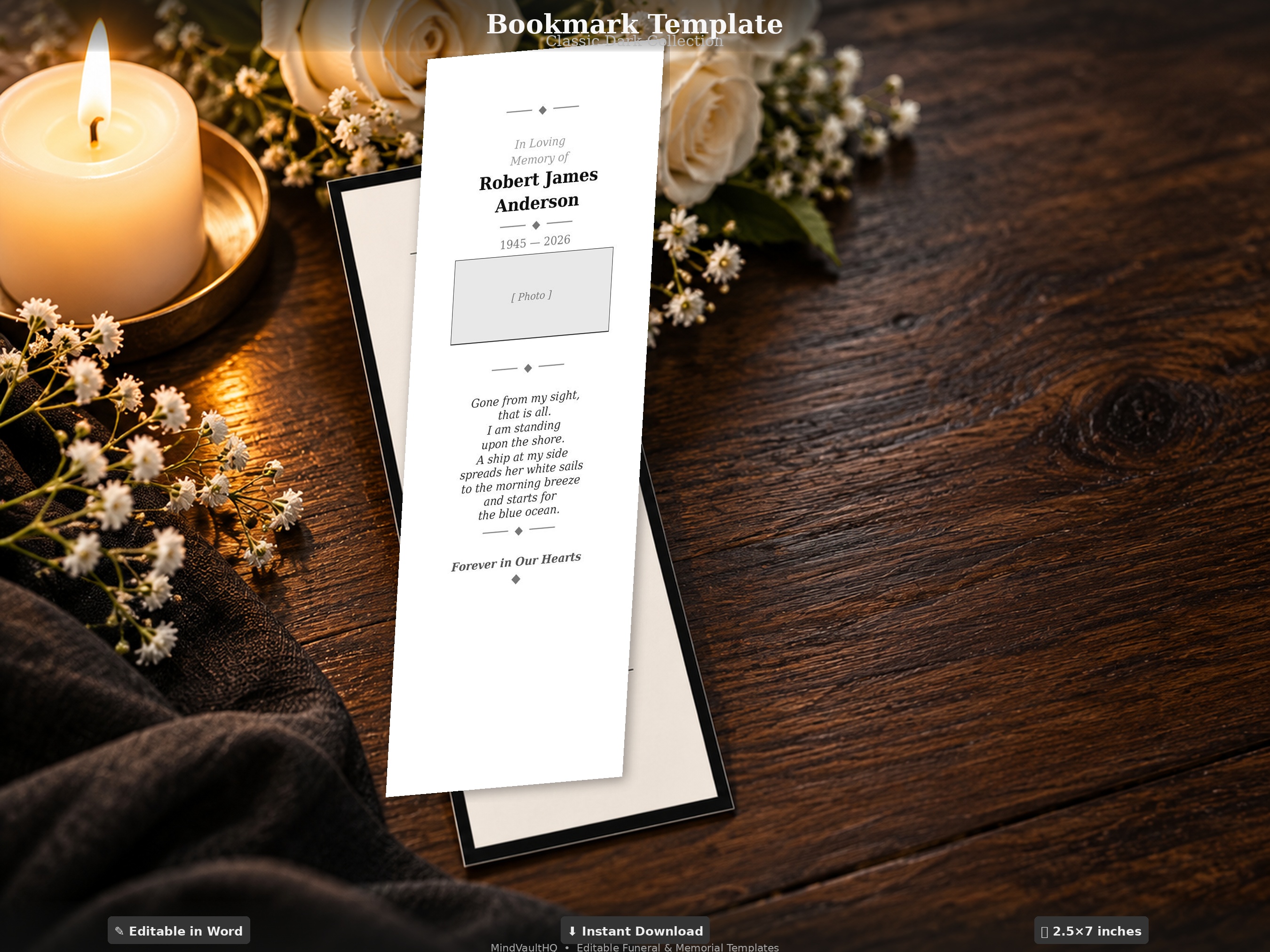 Funeral Bookmark Template - Classic Dark Design