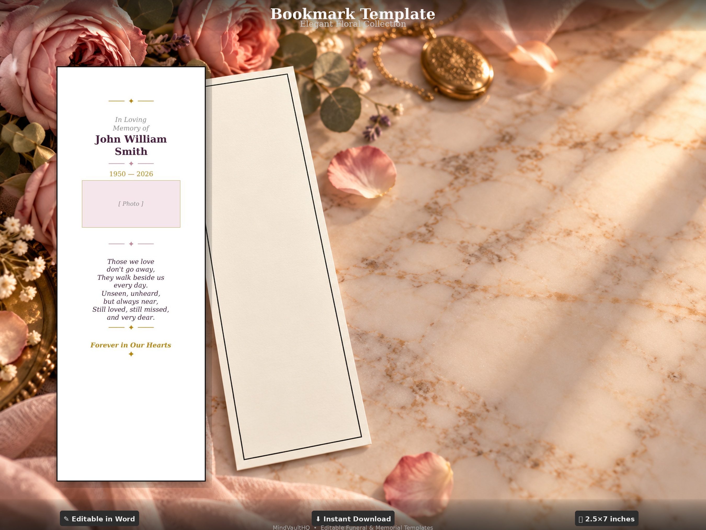 Funeral Bookmark Template - Elegant Floral Design