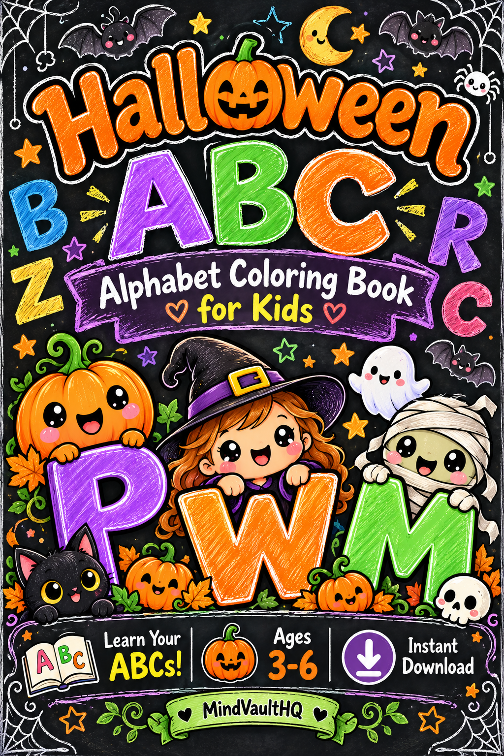 Halloween ABC Coloring Book for Kids: Alphabet Learning Activity, Printable PDF, Instant Download