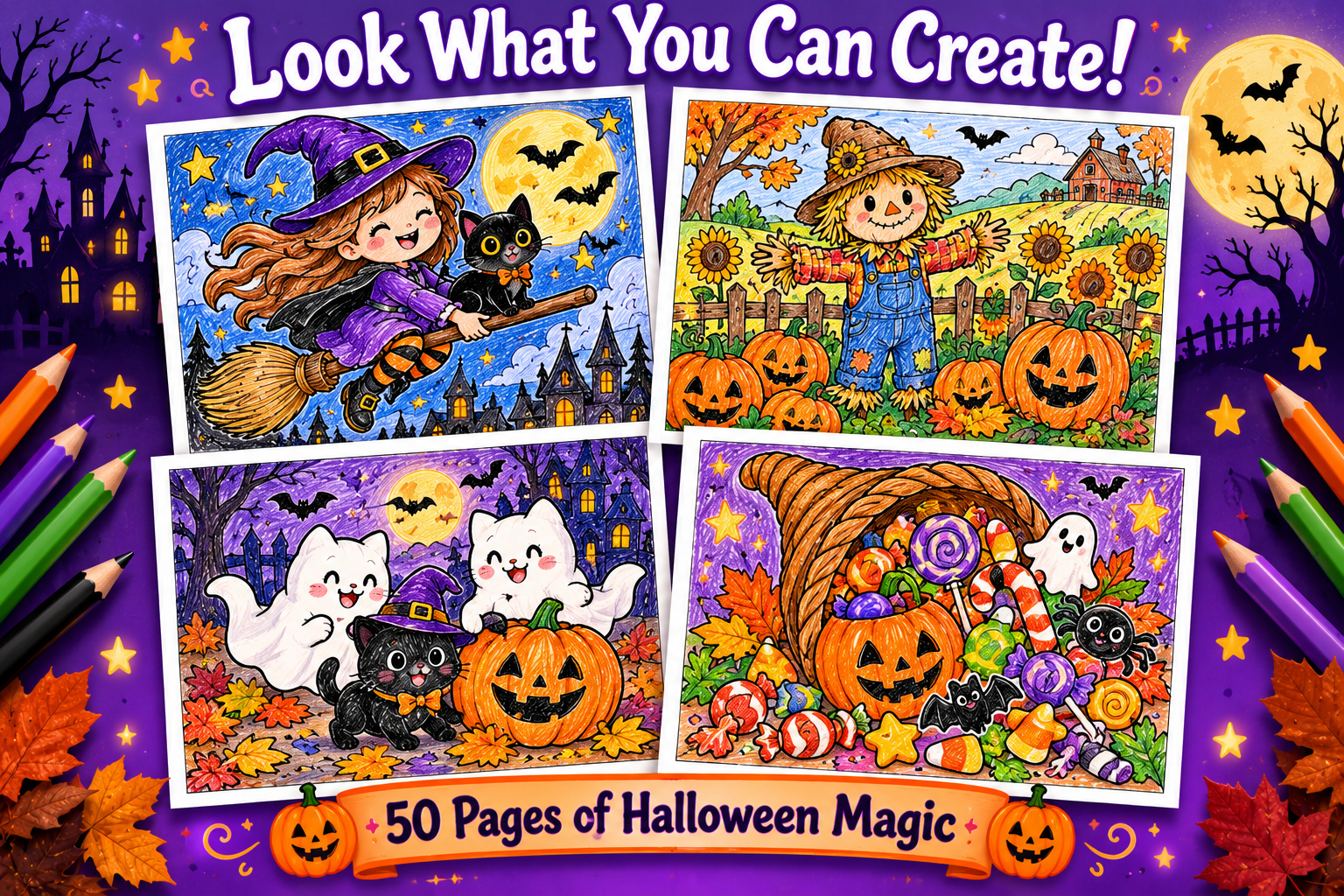 Haunted Wonders Halloween Coloring Book for Kids: 50 Spooky Pages, Printable PDF, Instant Download
