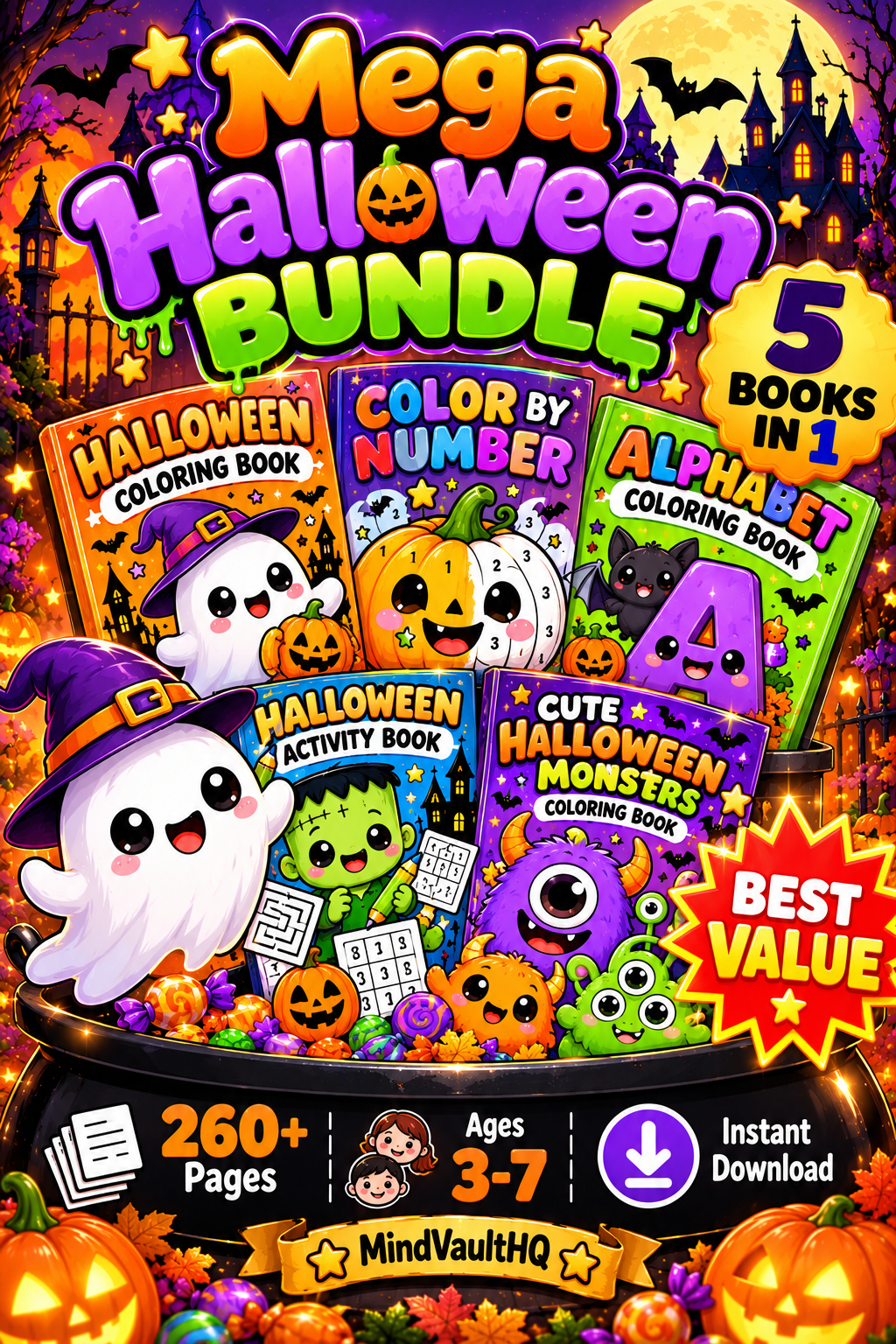 Mega Halloween Coloring Bundle for Kids: 5 Books in 1, Over 260 Pages, Printable PDF, Instant Download