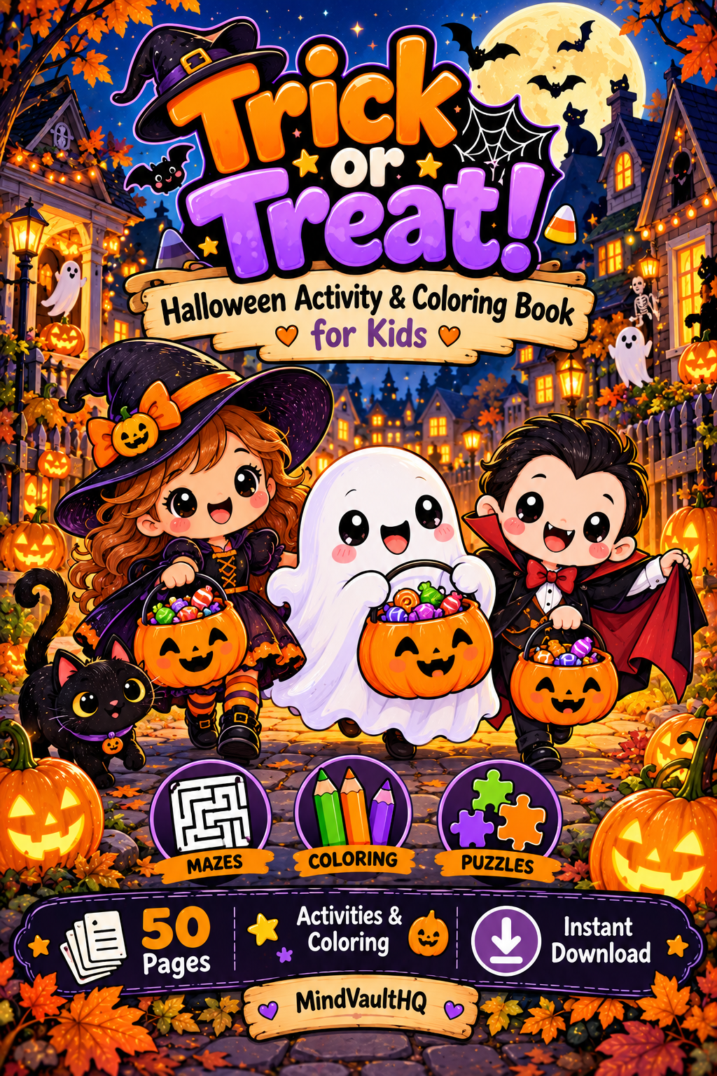 Trick or Treat Halloween Coloring Book for Kids: 50 Kawaii Pages, Printable PDF, Instant Download